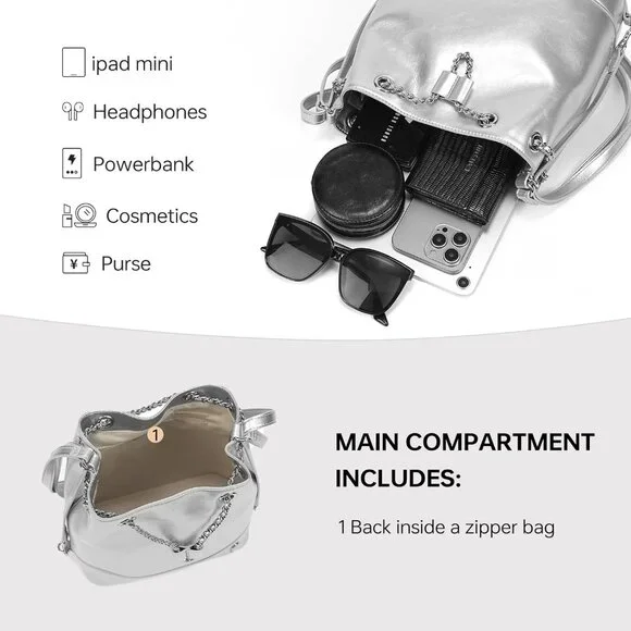 Women\'s Silver Leather Backpack Small Shoulder Handbag with Silver Chain and Dra Women main image 3